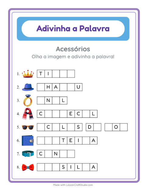 Pré-visualização da ficha de Adivinhe A Palavra com Acessórios para Educação infantil (pré-escola, 5-7 anos)