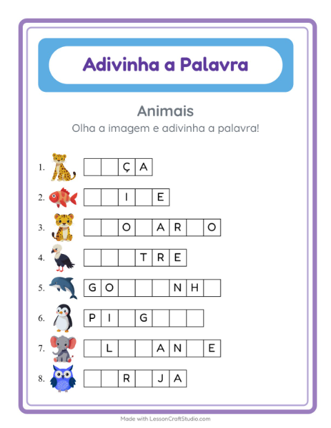 Pré-visualização da ficha de Adivinhe A Palavra com Animais para Educação infantil (pré-escola, 5-7 anos)