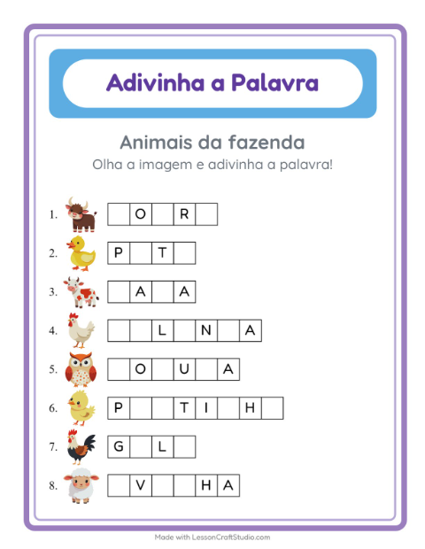 Pré-visualização da ficha de Adivinhe A Palavra com Animais da fazenda para Educação infantil (pré-escola, 5-7 anos)