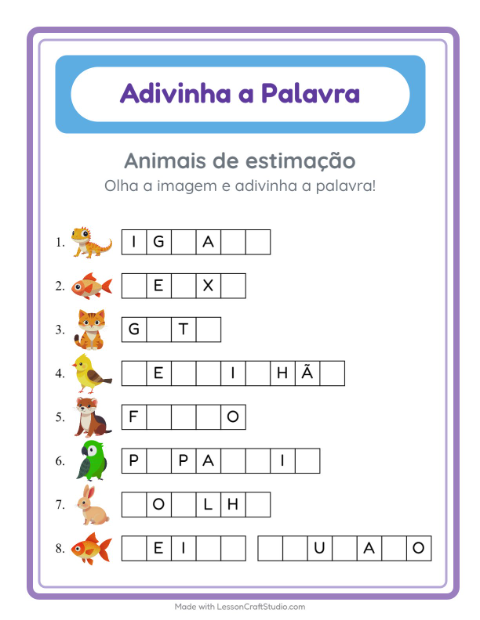Pré-visualização da ficha de Adivinhe A Palavra com Animais de estimação para Educação infantil (pré-escola, 5-7 anos)