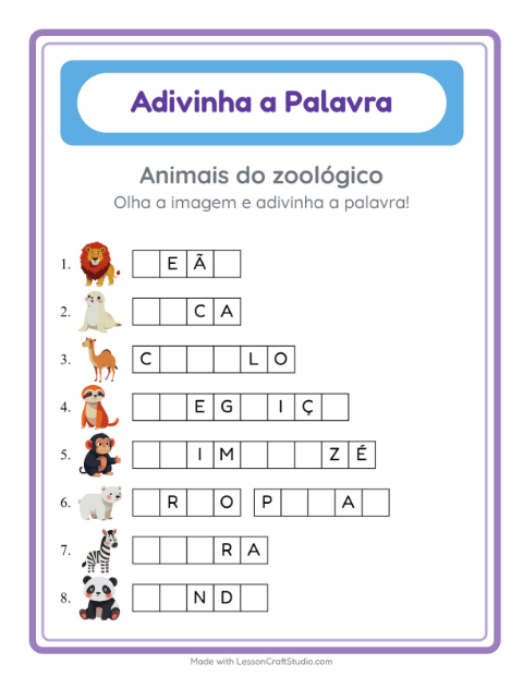 Pré-visualização da ficha de Adivinhe A Palavra com Animais do zoológico para Educação infantil (pré-escola, 5-7 anos)