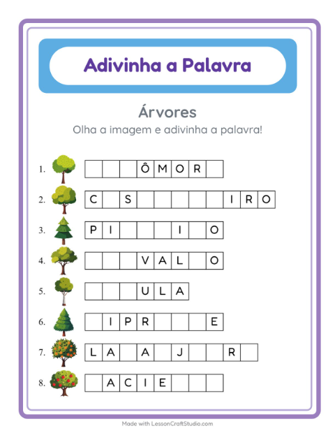 Pré-visualização da ficha de Adivinhe A Palavra com Árvores para Educação infantil (pré-escola, 5-7 anos)