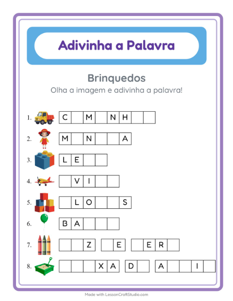 Pré-visualização da ficha de Adivinhe A Palavra com Brinquedos para Educação infantil (pré-escola, 5-7 anos)