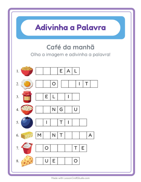 Pré-visualização da ficha de Adivinhe A Palavra com Café da manhã para Educação infantil (pré-escola, 5-7 anos)