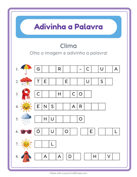 Pré-visualização da ficha de Adivinhe A Palavra com Clima para Educação infantil (pré-escola, 5-7 anos)