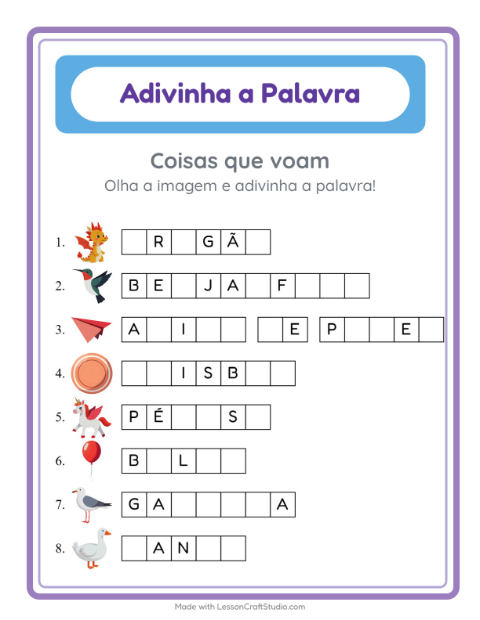 Pré-visualização da ficha de Adivinhe A Palavra com Coisas que voam para Educação infantil (pré-escola, 5-7 anos)