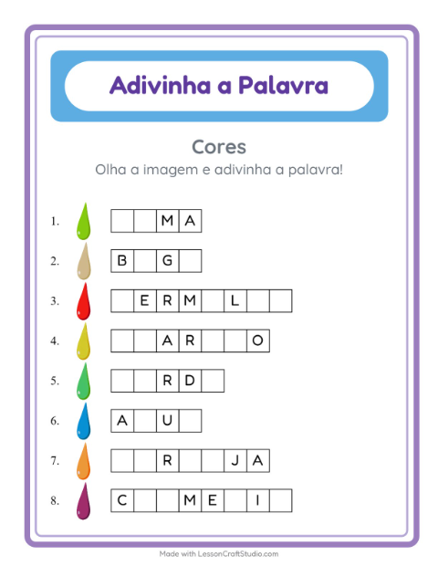 Pré-visualização da ficha de Adivinhe A Palavra com Cores para Educação infantil (pré-escola, 5-7 anos)