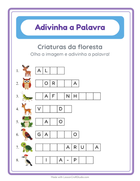 Pré-visualização da ficha de Adivinhe A Palavra com Criaturas da floresta para Educação infantil (pré-escola, 5-7 anos)