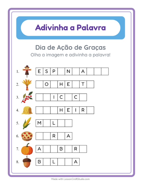 Pré-visualização da ficha de Adivinhe A Palavra com Dia de Ação de Graças para Educação infantil (pré-escola, 5-7 anos)