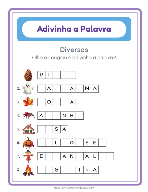 Pré-visualização da ficha de Adivinhe A Palavra com Diversos para Educação infantil (pré-escola, 5-7 anos)