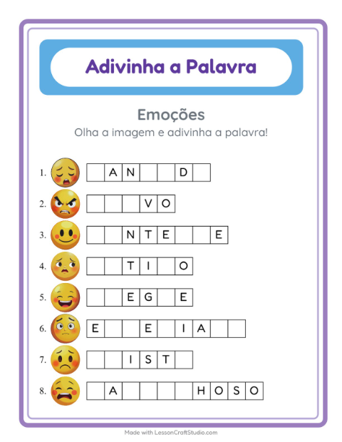 Pré-visualização da ficha de Adivinhe A Palavra com Emoções para Educação infantil (pré-escola, 5-7 anos)