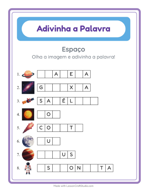 Pré-visualização da ficha de Adivinhe A Palavra com Espaço para Educação infantil (pré-escola, 5-7 anos)