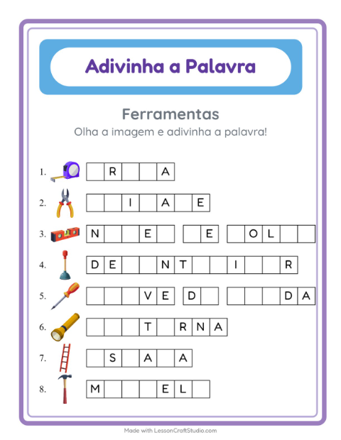 Prévia: Complete a palavra com palavras fáceis: Ferramentas – atividade para o 1º ano