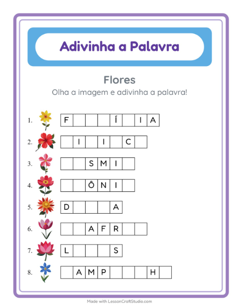 Pré-visualização da ficha de Adivinhe A Palavra com Flores para Educação infantil (pré-escola, 5-7 anos)
