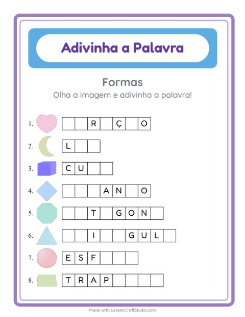 Pré-visualização da ficha de Adivinhe A Palavra com Formas para Educação infantil (pré-escola, 5-7 anos)