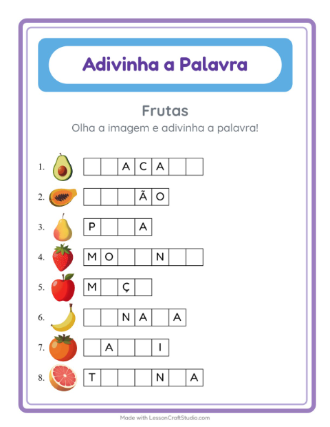 Pré-visualização da ficha de Adivinhe A Palavra com Frutas para Educação infantil (pré-escola, 5-7 anos)