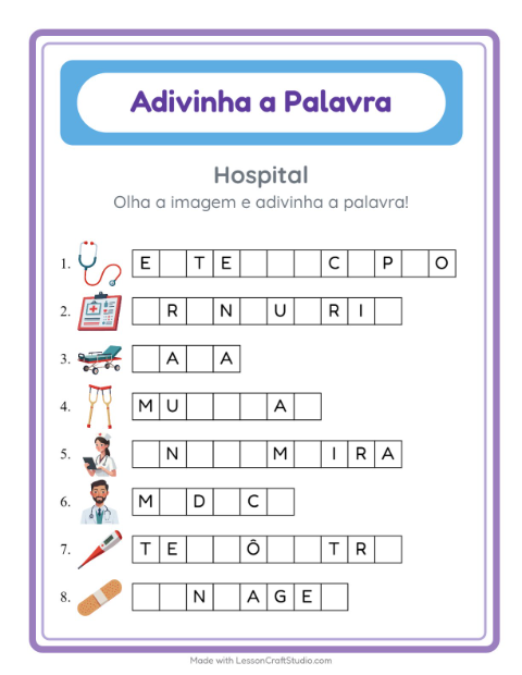 Pré-visualização da ficha de Adivinhe A Palavra com Hospital para Educação infantil (pré-escola, 5-7 anos)