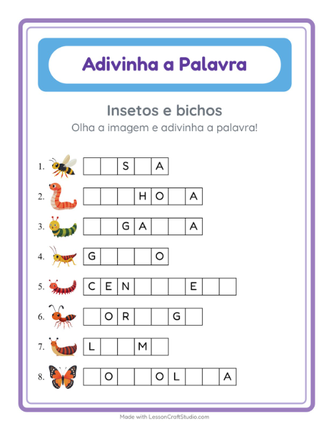 Pré-visualização da ficha de Adivinhe A Palavra com Insetos e bichos para Educação infantil (pré-escola, 5-7 anos)