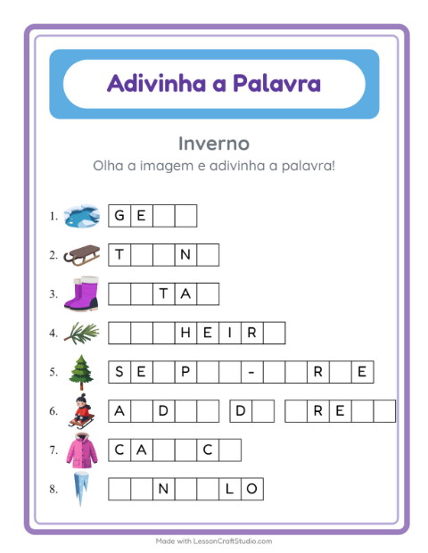 Pré-visualização da ficha de Adivinhe A Palavra com Inverno para Educação infantil (pré-escola, 5-7 anos)