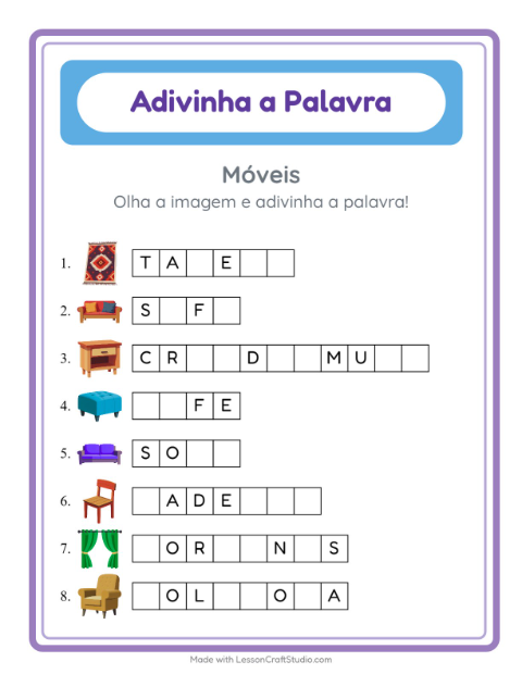 Pré-visualização da ficha de Adivinhe A Palavra com Móveis para Educação infantil (pré-escola, 5-7 anos)