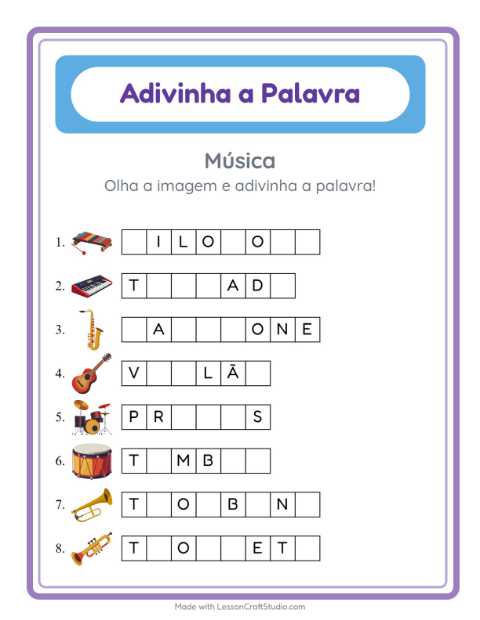 Pré-visualização da ficha de Adivinhe A Palavra com Música para Educação infantil (pré-escola, 5-7 anos)