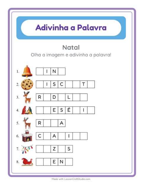 Pré-visualização da ficha de Adivinhe A Palavra com Natal para Educação infantil (pré-escola, 5-7 anos)
