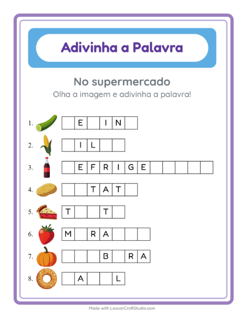 Pré-visualização da ficha de Adivinhe A Palavra com No supermercado para Educação infantil (pré-escola, 5-7 anos)