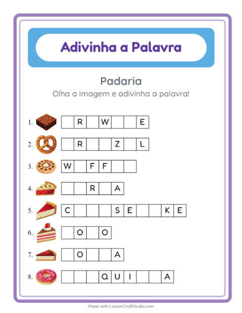 Pré-visualização da ficha de Adivinhe A Palavra com Padaria para Educação infantil (pré-escola, 5-7 anos)
