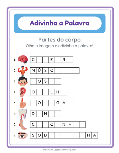 Pré-visualização da ficha de Adivinhe A Palavra com Partes do corpo para Educação infantil (pré-escola, 5-7 anos)