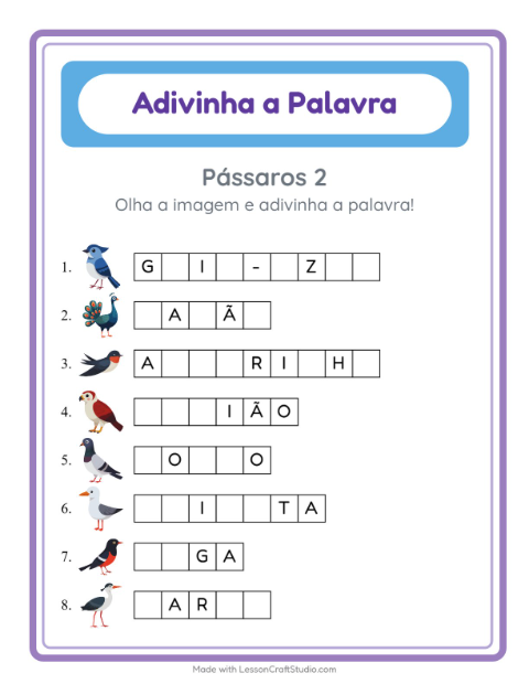 Pré-visualização da ficha de Adivinhe A Palavra com Pássaros 2 para Educação infantil (pré-escola, 5-7 anos)