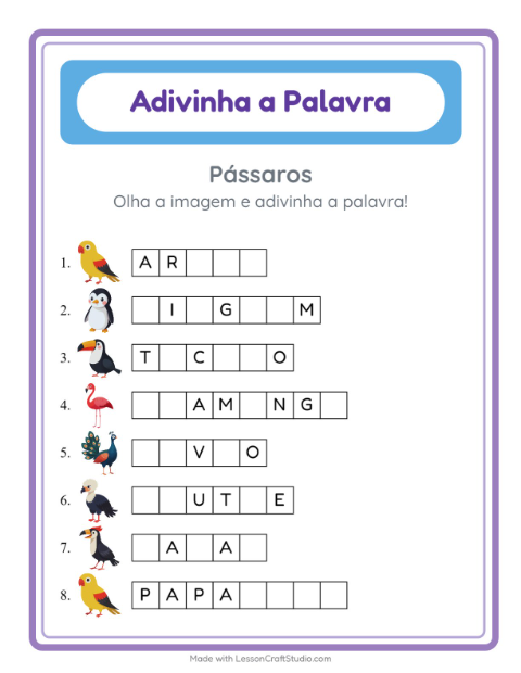Pré-visualização da ficha de Adivinhe A Palavra com Pássaros para Educação infantil (pré-escola, 5-7 anos)