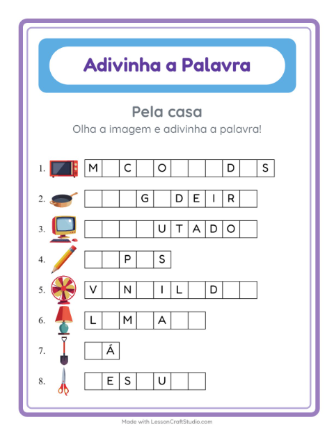 Pré-visualização da ficha de Adivinhe A Palavra com Pela casa para Educação infantil (pré-escola, 5-7 anos)