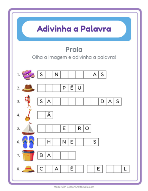 Pré-visualização da ficha de Adivinhe A Palavra com Praia para Educação infantil (pré-escola, 5-7 anos)