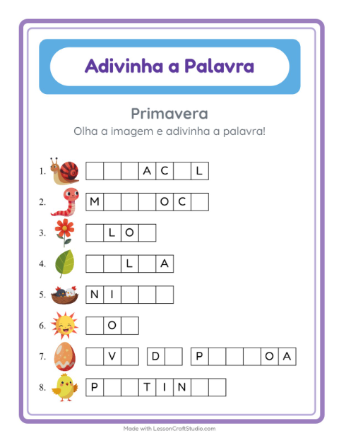 Pré-visualização da ficha de Adivinhe A Palavra com Primavera para Educação infantil (pré-escola, 5-7 anos)
