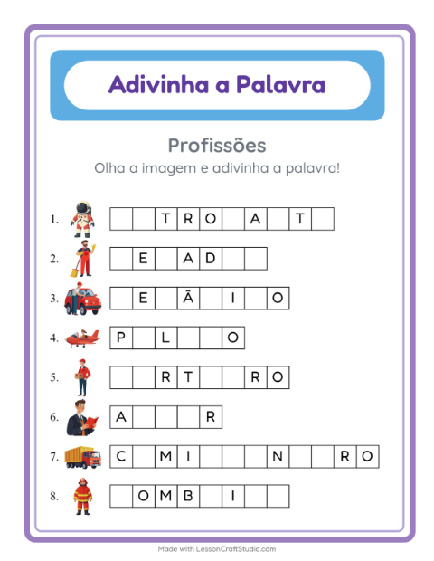 Pré-visualização da ficha de Adivinhe A Palavra com Profissões para Educação infantil (pré-escola, 5-7 anos)