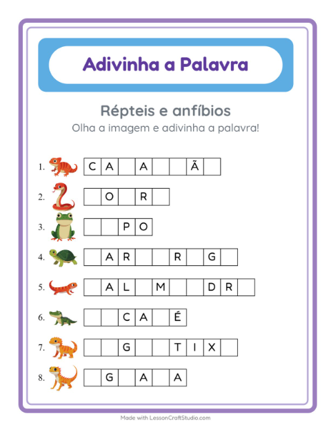 Pré-visualização da ficha de Adivinhe A Palavra com Répteis e anfíbios para Educação infantil (pré-escola, 5-7 anos)