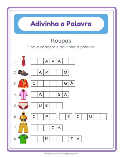 Pré-visualização da ficha de Adivinhe A Palavra com Roupas para Educação infantil (pré-escola, 5-7 anos)
