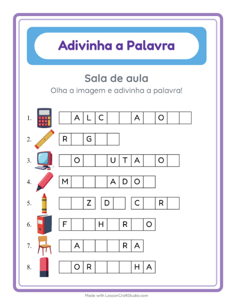 Pré-visualização da ficha de Adivinhe A Palavra com Sala de aula para Educação infantil (pré-escola, 5-7 anos)
