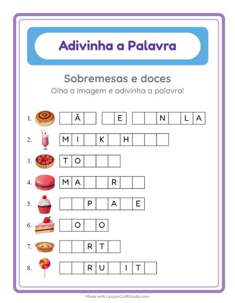 Pré-visualização da ficha de Adivinhe A Palavra com Sobremesas e doces para Educação infantil (pré-escola, 5-7 anos)