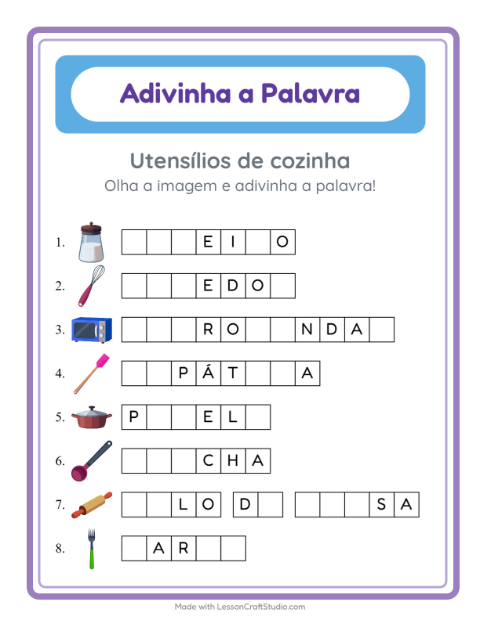 Pré-visualização da ficha de Adivinhe A Palavra com Utensílios de cozinha para Educação infantil (pré-escola, 5-7 anos)