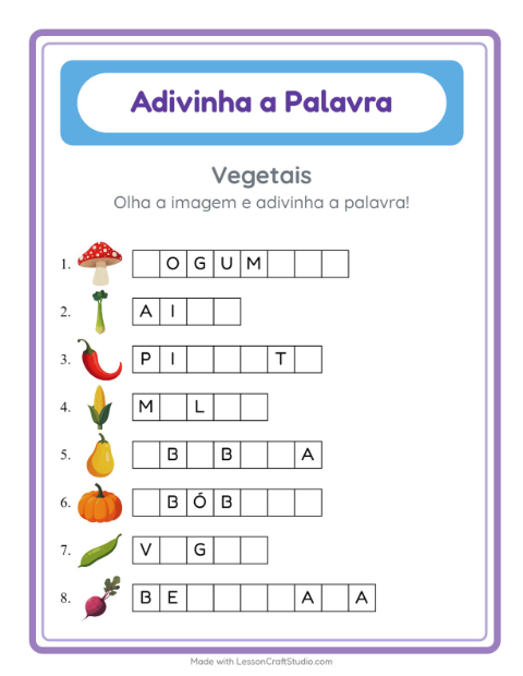 Pré-visualização da ficha de Adivinhe A Palavra com Vegetais para Educação infantil (pré-escola, 5-7 anos)