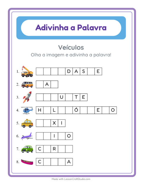 Pré-visualização da ficha de Adivinhe A Palavra com Veículos para Educação infantil (pré-escola, 5-7 anos)