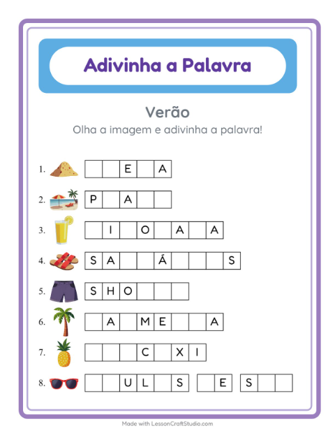 Pré-visualização da ficha de Adivinhe A Palavra com Verão para Educação infantil (pré-escola, 5-7 anos)