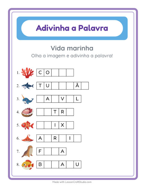 Pré-visualização da ficha de Adivinhe A Palavra com Vida marinha para Educação infantil (pré-escola, 5-7 anos)