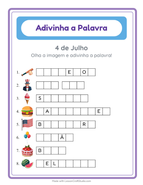 Pré-visualização da ficha de Adivinhe A Palavra com 4 de Julho para Educação infantil (pré-escola, 5-7 anos)