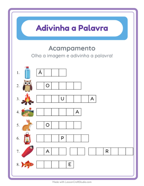 Pré-visualização da ficha de Adivinhe A Palavra com Acampamento para Educação infantil (pré-escola, 5-7 anos)