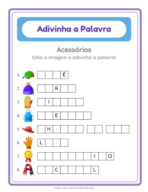 Pré-visualização da ficha de Adivinhe A Palavra com Acessórios para Educação infantil (pré-escola, 5-7 anos)
