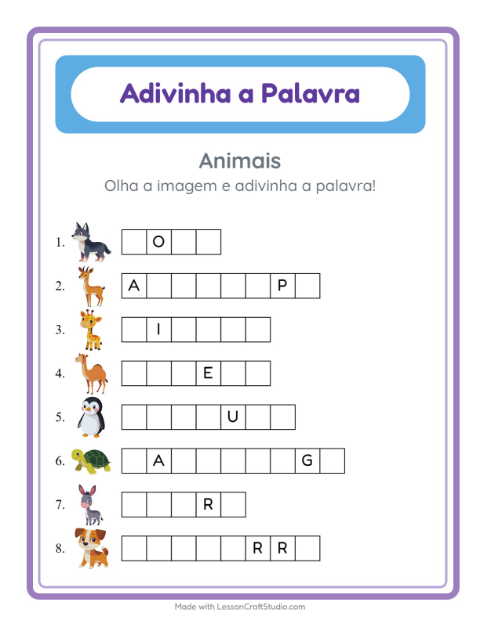 Pré-visualização da ficha de Adivinhe A Palavra com Animais para Educação infantil (pré-escola, 5-7 anos)