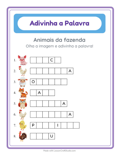 Pré-visualização da ficha de Adivinhe A Palavra com Animais da fazenda para Educação infantil (pré-escola, 5-7 anos)