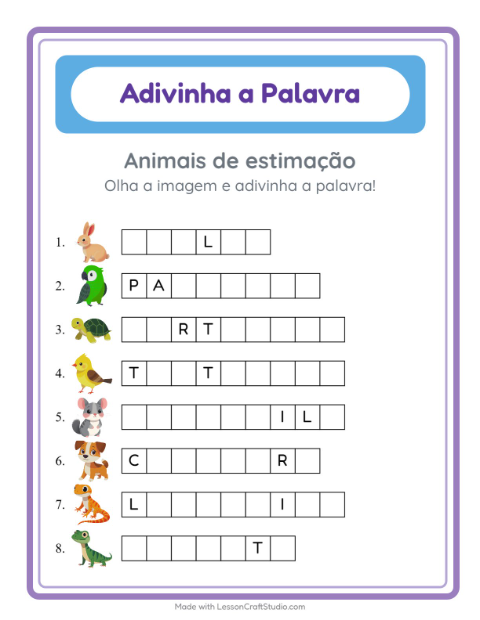 Pré-visualização da ficha de Adivinhe A Palavra com Animais de estimação para Educação infantil (pré-escola, 5-7 anos)
